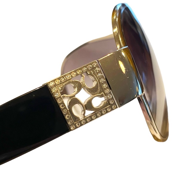 COACH Aviator Shield Sunglasses NWOT in Black & Silver w/Rhinestone Logo Detail - Picture 4 of 14